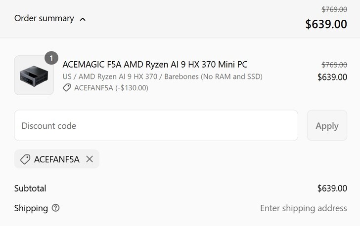Price of the barebone F5A with the discount code applied (Image source: Acemagic)