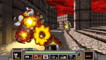 Strife features an impressive arsenal for its time, ranging from a silent crossbow to assault rifles, flamethrowers and futuristic energy weapons. (Pictured: A screenshot from Strife)