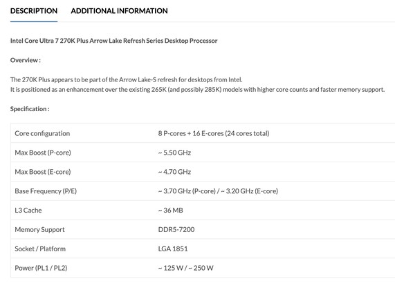 Listed specifications of the Intel Core Ultra 7 270K Plus desktop CPU. (Image source: PrimeABGB)