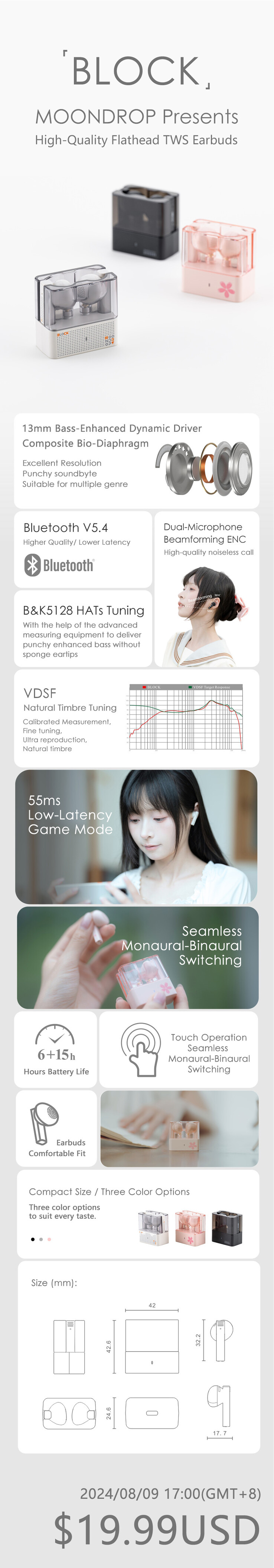 The Moondrop Block earbuds have multibeam microphones for clearer voice pickup in noisy environments and a low-latency game mode. (Image source: Moondrop on X)