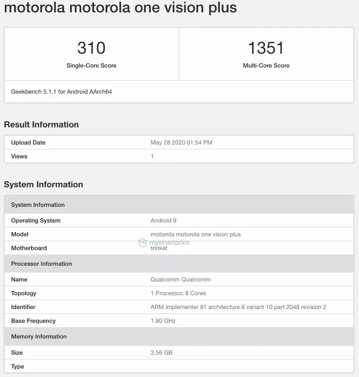 The "Motorola One Vision Plus" on Geekbench 5. (Source: Geekbench via MySmartPrice)