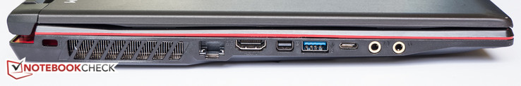 Left: Kensington Lock, Gigabit Ethernet, USB3.1 Gen1, HDMI, mini-DisplayPort, USB3.1 Gen1, USB Type-C Gen2, Microphone, Headphones