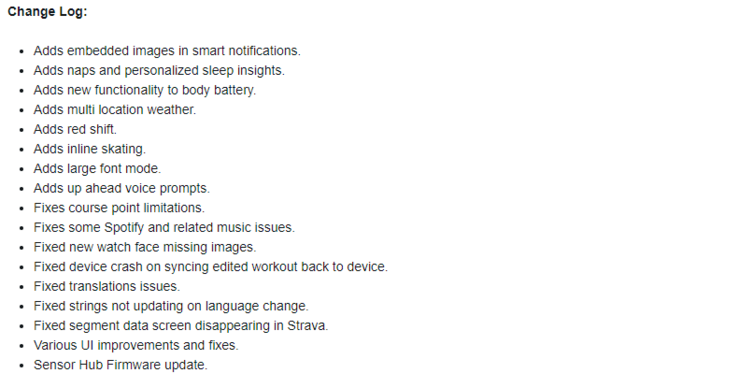 The changelog for Garmin Public Beta Version 17.21. (Image source: Garmin)