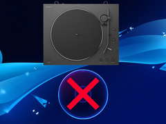 Sony vinyl record player shown above PS5 game disc