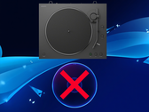 Sony vinyl record player shown above PS5 game disc