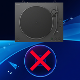 Sony vinyl record player shown above PS5 game disc