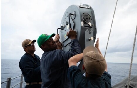 USS Normandy Conducts LRAD Demo (Image source: U.S. Navy photo by Mass Communication Specialist 2nd Class Malachi Lakey)