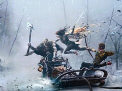 Artistic render of Kratos and Atreus fighting Freya from God of War Ragnarok.