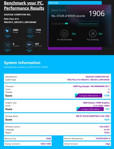 AMD Ryzen 5 7540U with Radeon 740M in Asus ROG Flow X13. (Source: Nero)