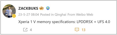 Xperia 1 V RAM + storage types. (Image source: Weibo)
