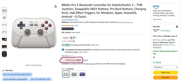 The 8BitDo Pro 3 can be gotten for $51.58 by selecting the coupon box.