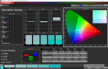 CalMAN saturation sweeps (target color space P3), color profile: Vivid, warm