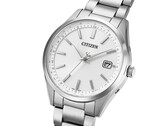 Angled view of the Citizen CB0300-53A Eco-Drive with a silver dial and stainless steel case and three-link bracelet.