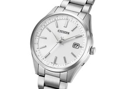 Angled view of the Citizen CB0300-53A Eco-Drive with a silver dial and stainless steel case and three-link bracelet.