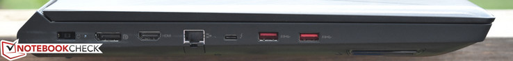 Left: Charging port, DisplayPort, HDMI, Gigabit Ethernet, Thunderbolt 3, USB 3.0 x 2