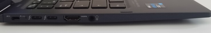 Right: Slot for a Kensington lock, 2x Thunderbolt 4 (USB-C), HDMI, 3.5 mm jack port