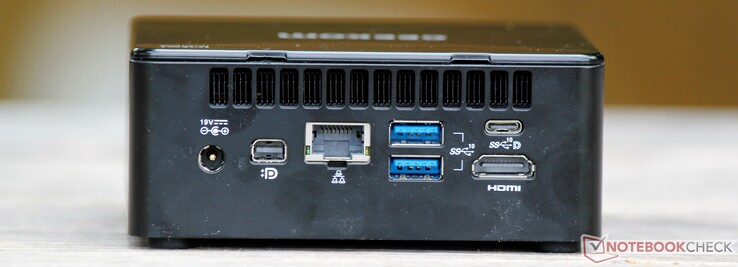Rear: DC in, Mini DisplayPort, LAN, 2x USB-A 3.2 Gen 2, USB-C 3.2 Gen 2 (w/ DisplayPort), HDMI 2.0b