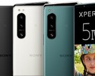 The Sony Xperia 5 IV press shots show a couple of key specifications for the compact phone on the display. (Image source: 91Mobiles/Sony - edited)