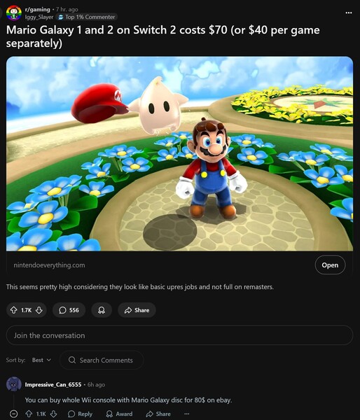 Super Mario Galaxy and Super Mario Galaxy 2 Switch pricing debate (Image source: screenshot, Iggy_Slayer@Gaming subreddit)