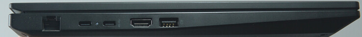 Connections left: LAN port (1 Gbit/s), USB-C (10 Gbit/s, PD, DP), USB-C (40 Gbit/s, PD, DP), HDMI, USB-A (10 Gbit/s)