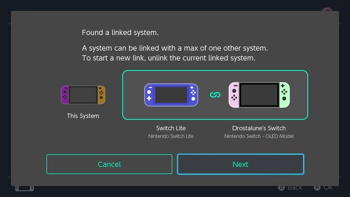 Nintendo Switch screen displaying a warning that a system can be linked with a maximum of one other system for Virtual Game Card sharing, requiring the user to unlink the current linked system to start a new link.