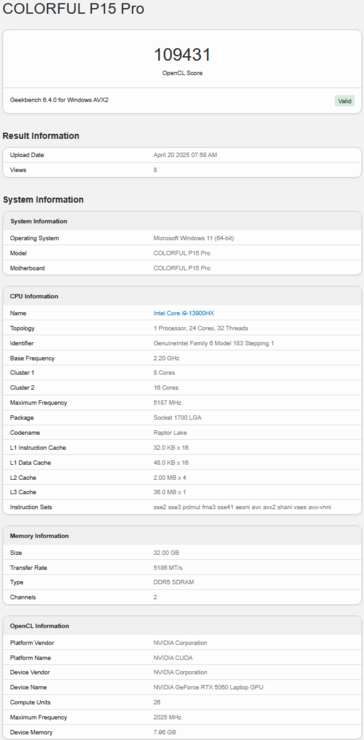RTX 5060 laptop Geekbench OpenCL score (image source: Geekbench)