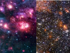 A collage of the MIRI and NIRCam images of Sagittarius B2 (Image source: several - see sources; edited)