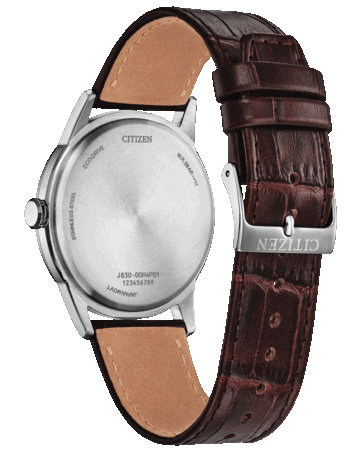 Rear view of the Citizen Rolan AW2110-14Z showing its stainless steel caseback and brown leather strap with a signed buckle.