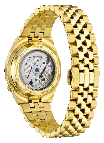 Transparent exhibition caseback of the Citizen Tsuyosa 60 showcasing the in-house Caliber 8310 automatic movement and gold-tone stainless steel case.