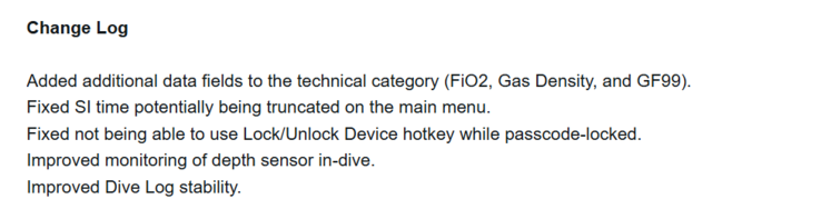 The change log for software version 2.07 for the Garmin Descent X30. (Image source: Garmin)