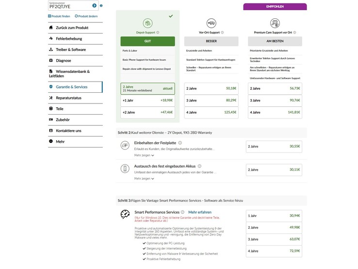 Warranty options (Lenovo service page screenshot)