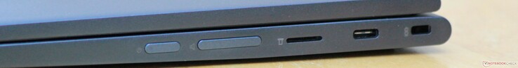 Right: Power/sleep, volume rocker, microSD card slot, USB 3.1 Gen 1 Type-C (w/ power), Kensington lock