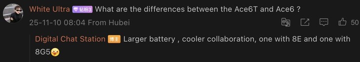 Tipster compares the vanilla OnePlus Ace 6 to the alleged Ace 6T. (Image source: Weibo - machine translated)