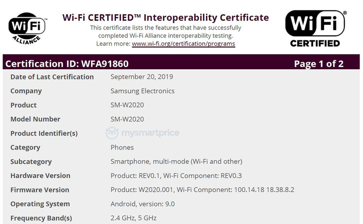 The SM-W2020's alleged new certification. (Source: MySmartPrice)