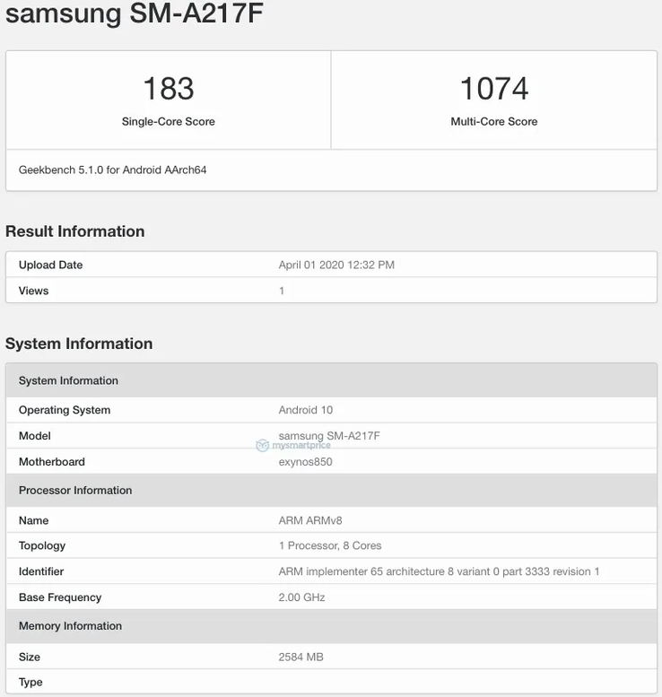 The Exynos 850's novelty may be the most exciting thing about it. (Source: Geekbench 5 via MySmartPrice)