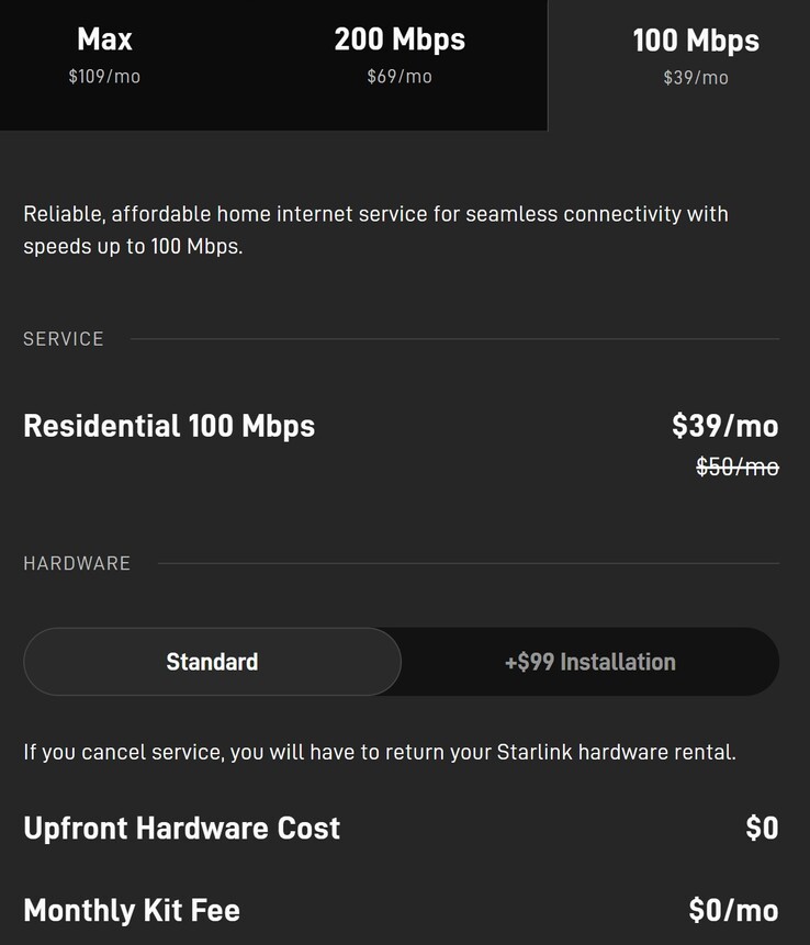 Starlink's new residential plan prices.