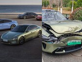 The Xiaomi SU7 came off much worse in the collision with the Tesla Model Y. (Image source: Xiaomi/@Tslachan - edited)