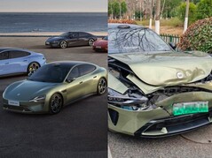 The Xiaomi SU7 came off much worse in the collision with the Tesla Model Y. (Image source: Xiaomi/@Tslachan - edited)