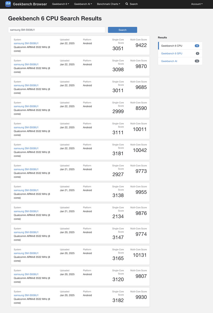 The Snapdragon 8 Elite for Galaxy appears to offer little by way of a noticeable CPU performance improvement in Geekbench. (Image source: Geekbench)