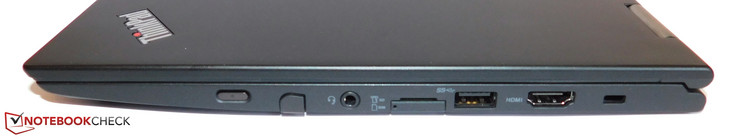 Right side: power button, digitizer slot, 3.5 mm headphone jack, SIM slot, MicroSD-card reader, USB 3.0, HDMI, Kensington lock