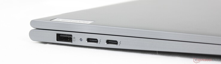 Left: USB-A 3.2 Gen 1 (5 Gbit/s, alway-on), 2x USB-C 4.0 with Thunderbolt 4 (40 Gbit/s, DisplayPort 2.1, Power Delivery 3.0)