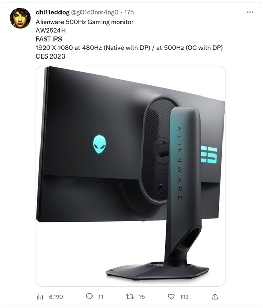 Alienware 500 Hz monitor rumor. (Image source: @g01d3nm4ng0)