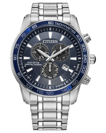 Citizen Classic Eco-Drive chronograph with a deep blue dial, silver-tone 44mm stainless-steel case and bracelet, tachymeter bezel, three subdials, and date window.