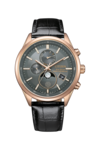 Citizen BY1033-01H Eco-Drive moonphase watch with a charcoal gray dial, rose gold-tone stainless steel case, black leather strap, analog moonphase display, dual subdials, and date window.