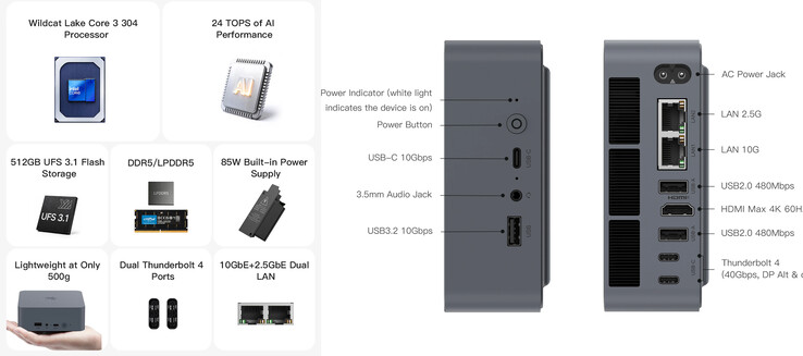 Core highlights and ports of the EQi Intel Wildcat Lake mini PC