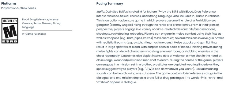 ESRB rating for Mafia Definitive Edition's PS5 and Xbox Series X|S version.