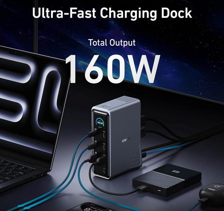 The image shows the Anker 160 W Prime Charging Docking Station connected with a few devices