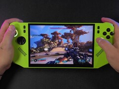 Borderlands 4 gameplay running on the MSI Claw 8 AI handheld powered by AMD Ryzen Z2 Extreme, showing first-person view with a rifle aimed at an outdoor environment (Image source: ETA Prime via YouTube)