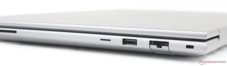 Right: SD card reader, Nano SIM slot (optional), USB-A (5 Gbps), RJ-45 (1 Gbps), Nano Security lock slot