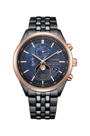 Citizen BY1036-53L Eco-Drive moonphase watch with a blue dial, black stainless steel case and bracelet, rose gold-tone bezel, analog moonphase display, dual subdials, and date window.